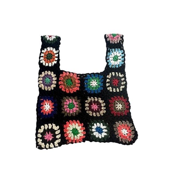Women's Granny Crochet Floral Mini Tote Bag Black - Picture 1 of 2